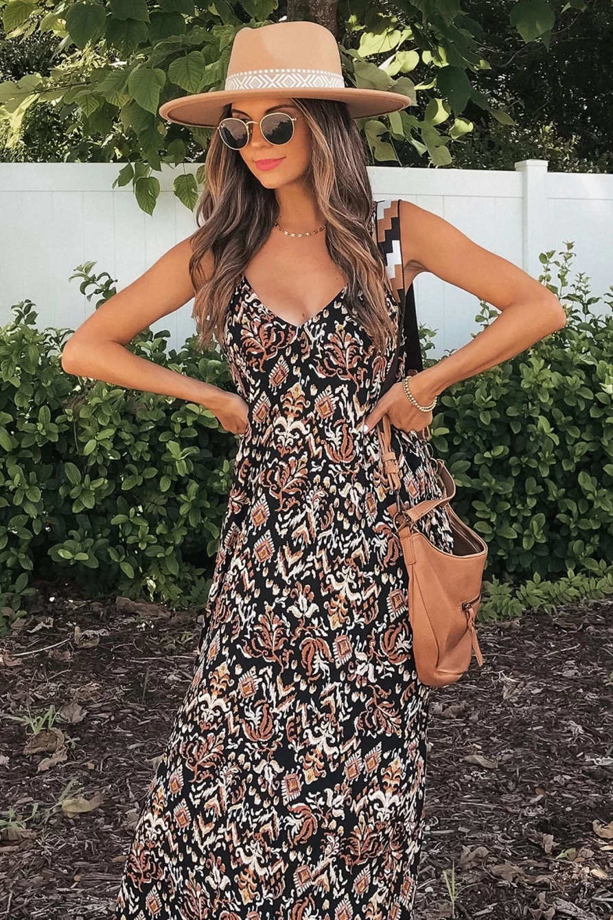 Shewin Women's Black Boho Retro Printed V-Neck Spaghetti Strap Maxi Dress