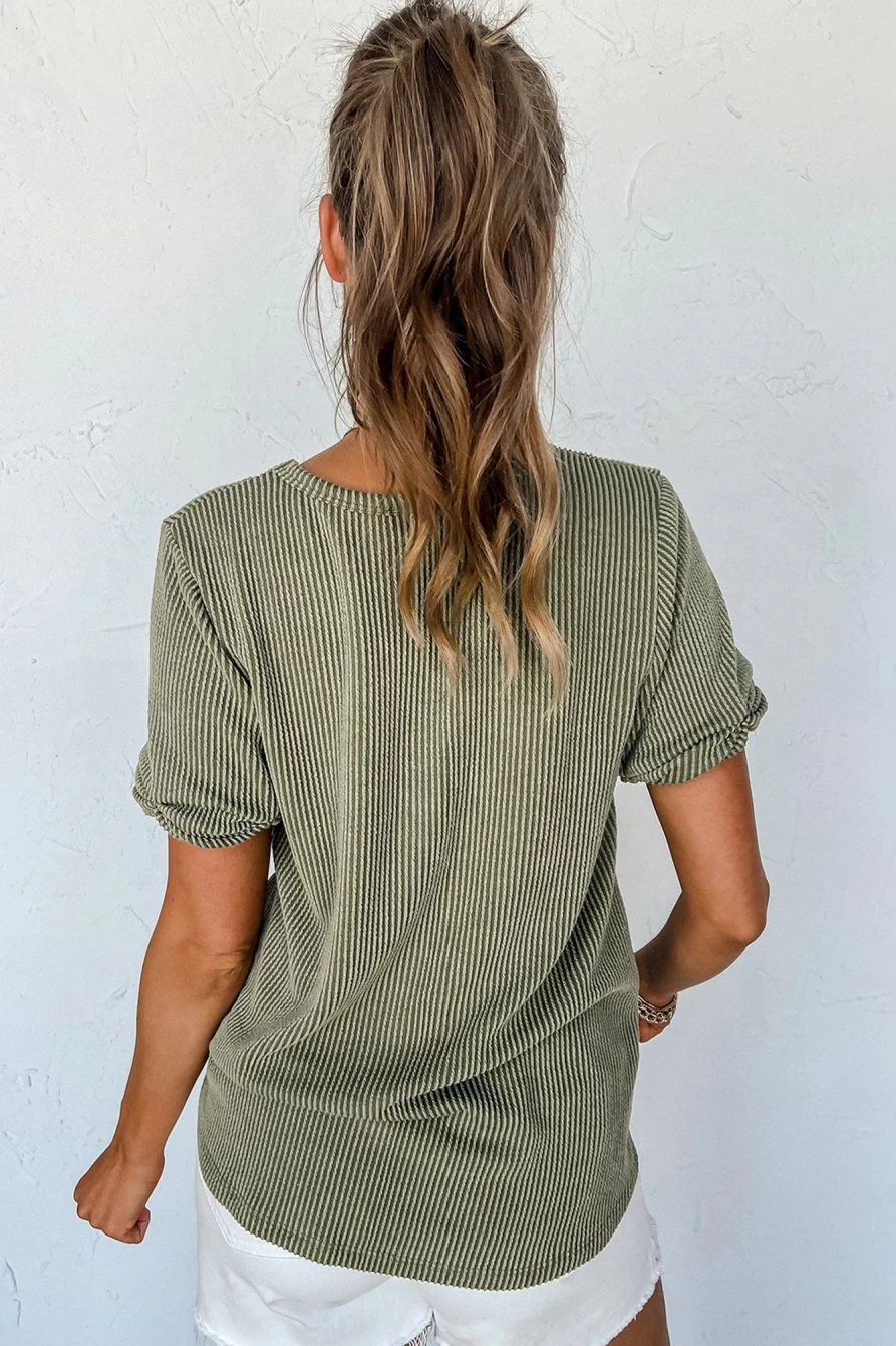 Shewin Women's Laurel Green V-Neck Pocket T-Shirt - Plain Corded Casual Top