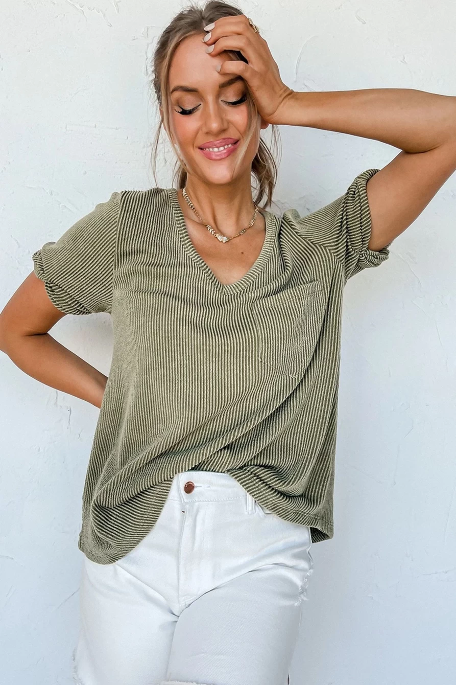 Shewin Women's Laurel Green V-Neck Pocket T-Shirt - Plain Corded Casual Top