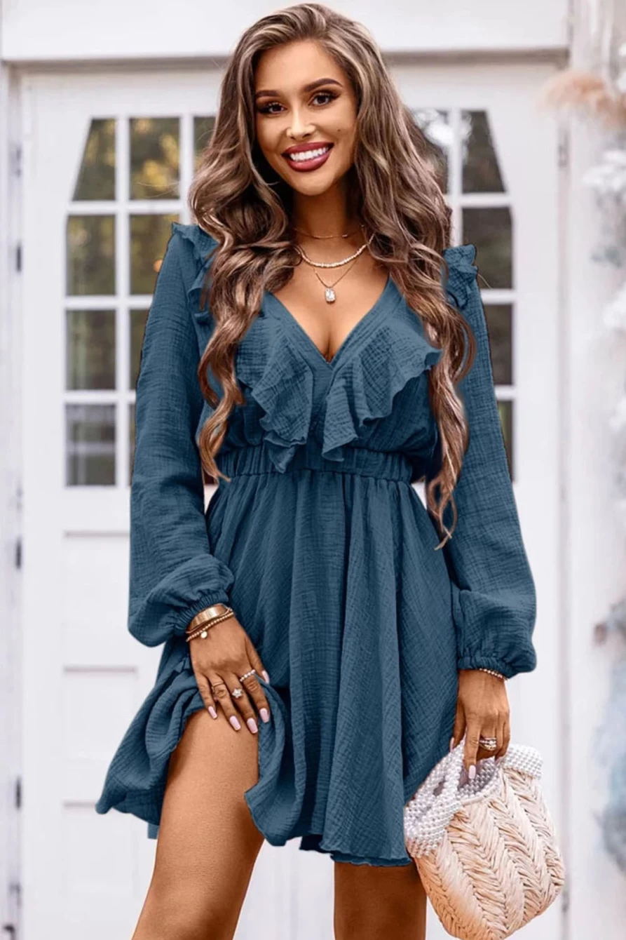 Shewin Women's Blue Textured Ruffled V-Neck High Waist Mini Dress