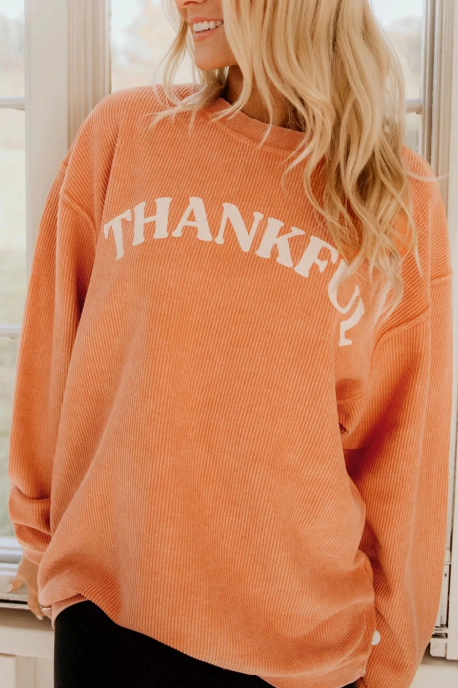 Shewin Women's Orange-2 Ribbed Sweatshirt | Thanksgiving Casual Pullover | Cozy Fall Knit Top