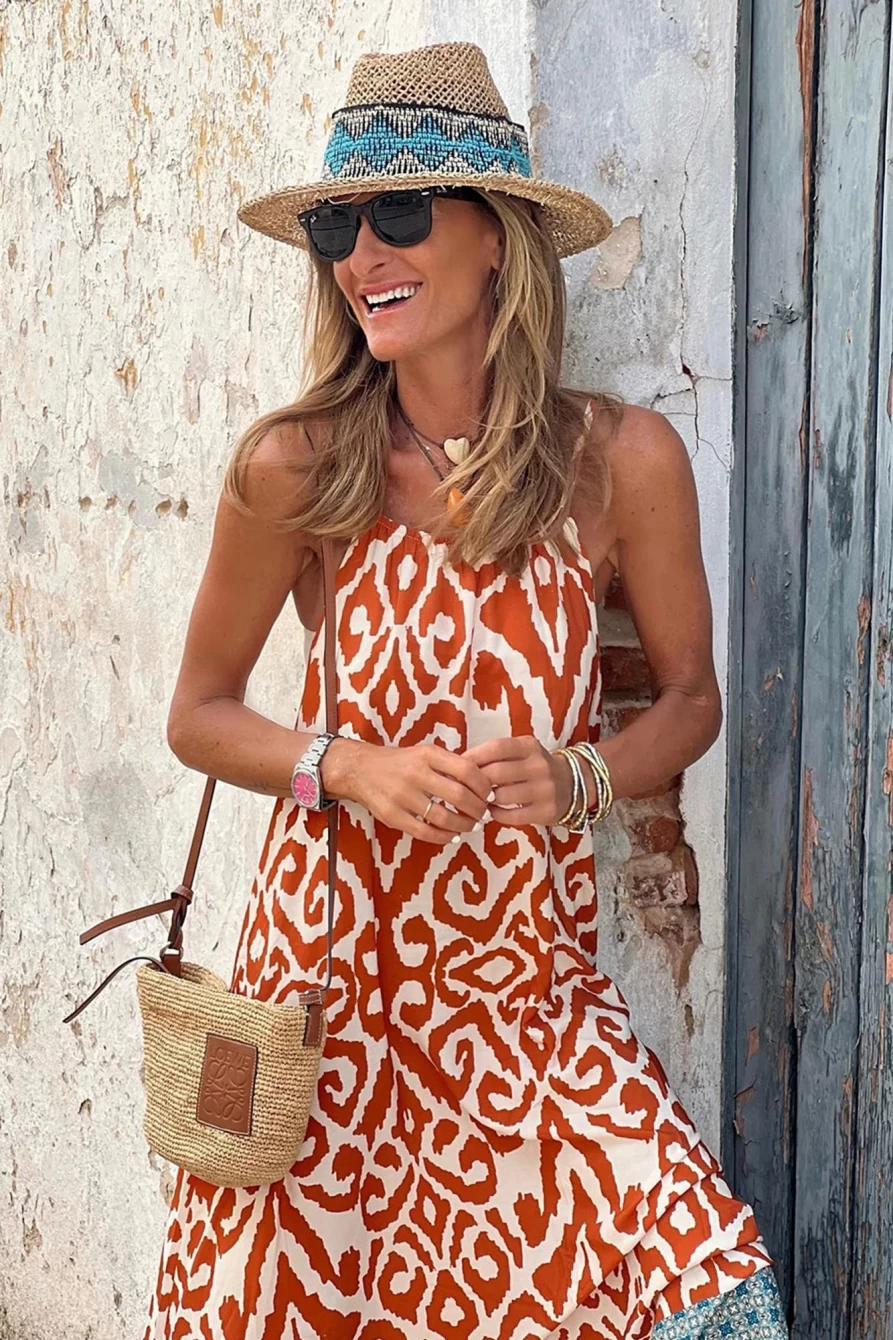 Shewin Women's Orange Boho Geometric Print Sleeveless Maxi Dress