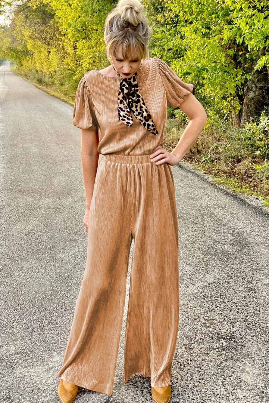 Shewin Women's Clay Ribbed Crop Top and Wide Leg Pants Set - Puff Sleeve Two Piece Outfit