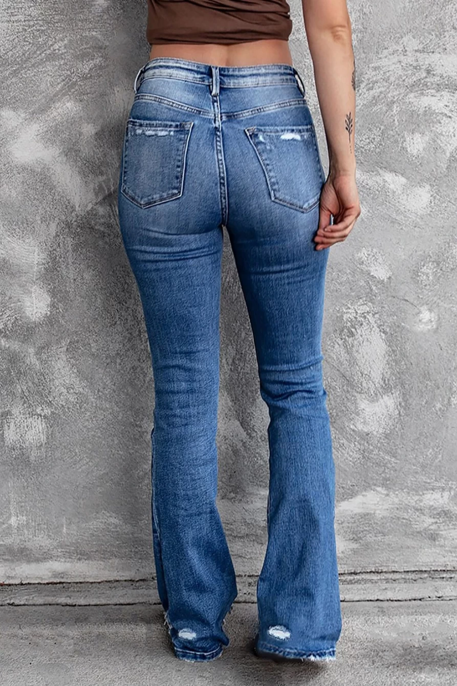 Shewin Women's Blue High Waist Flare Jeans - Distressed Raw Hem Denim Pants for Women