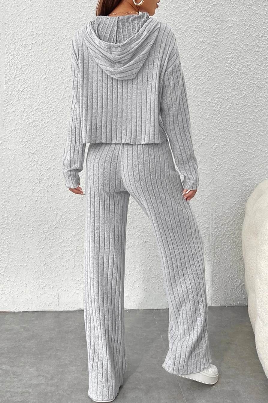 Shewin Women's Gray Ribbed Knit Slouchy Hoodie & Wide Leg Pants Set Cozy Outfit