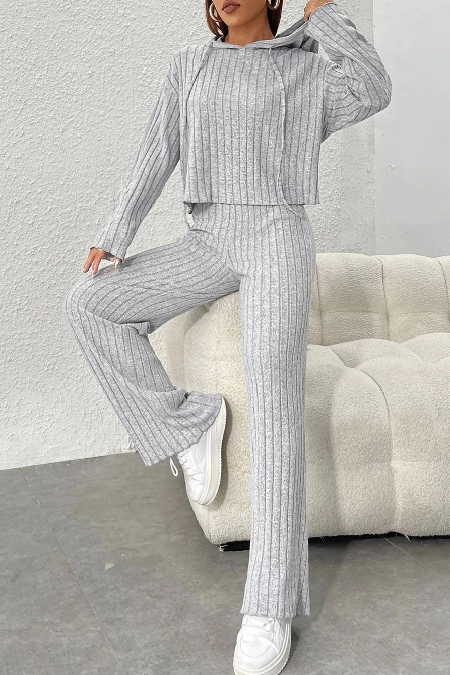 Shewin Women's Gray Ribbed Knit Slouchy Hoodie & Wide Leg Pants Set Cozy Outfit