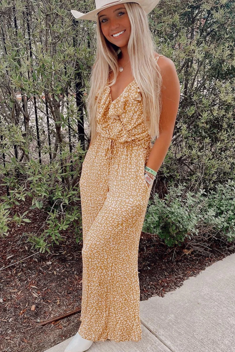Shewin Women's Yellow Leopard Print Wrap Jumpsuit with V Neck & Drawstring Waist