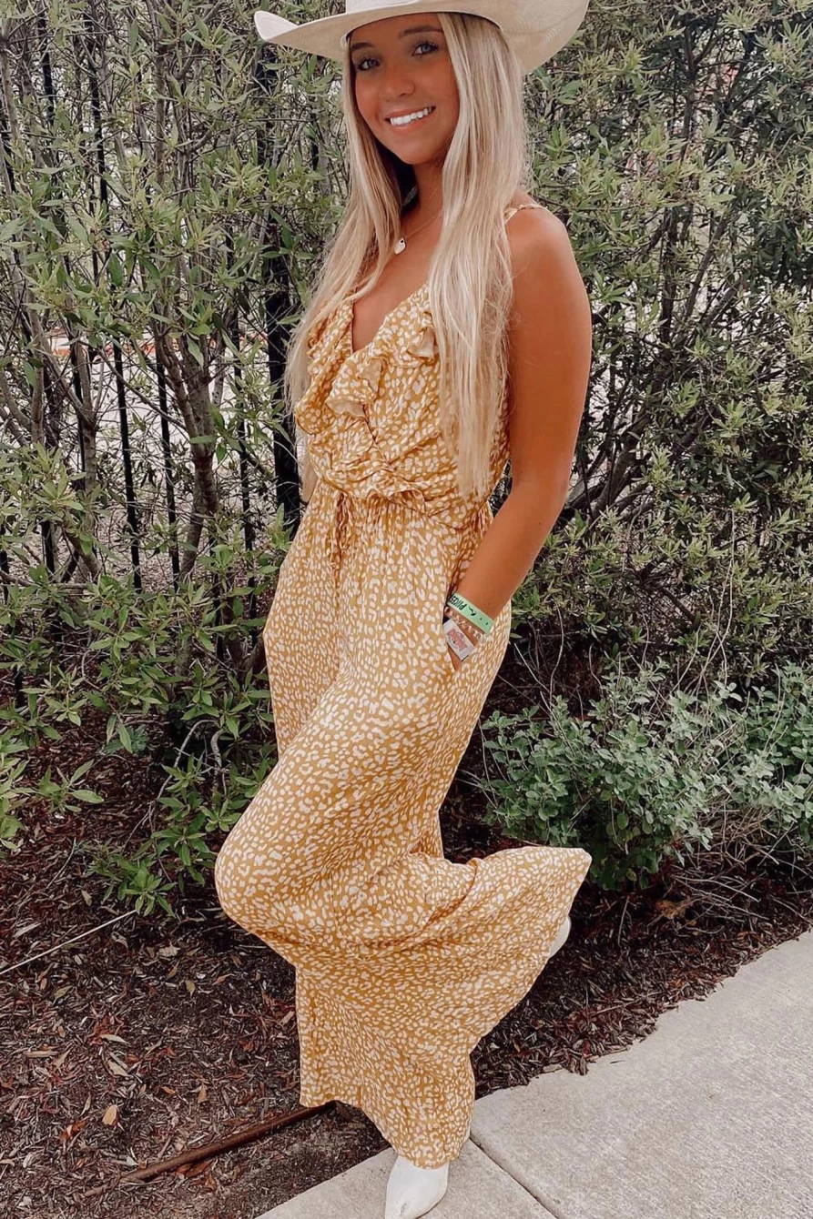 Shewin Women's Yellow Leopard Print Wrap Jumpsuit with V Neck & Drawstring Waist