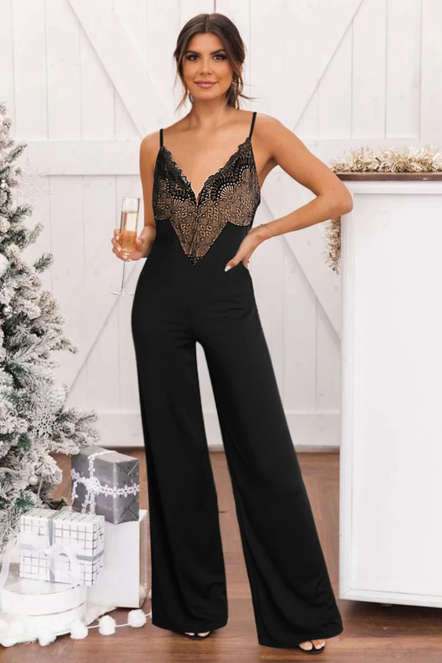 Shewin Women's Black Lace V-Neck Wide Leg Jumpsuit with Splicing Detail