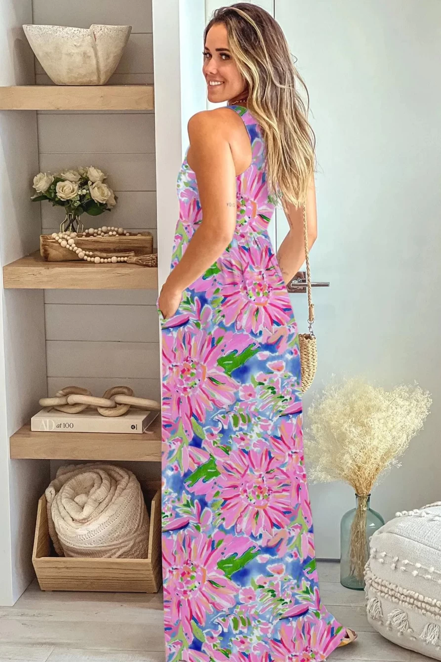 Shewin Women's Pink Floral Maxi Dress - Sleeveless High Waist with Pockets