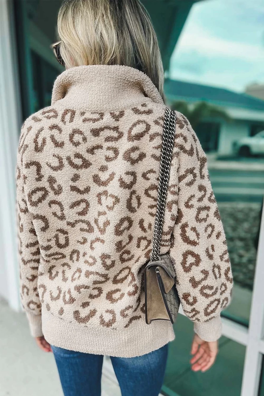 Shewin Women's Gray Casual Animal Print Zipped Collar Sweater