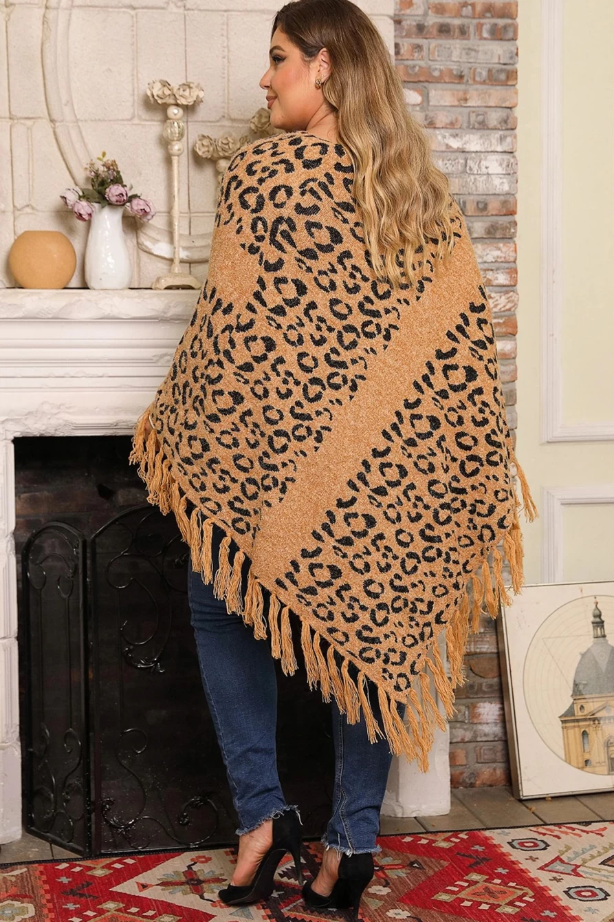 Shewin Women's Leopard Print Plus Size Poncho with Tasseled Hem and Draped Design