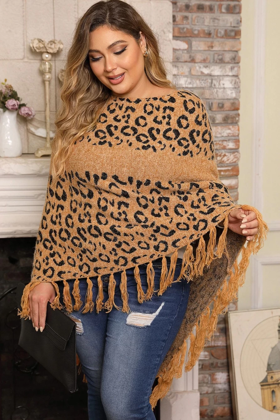 Shewin Women's Leopard Print Plus Size Poncho with Tasseled Hem and Draped Design
