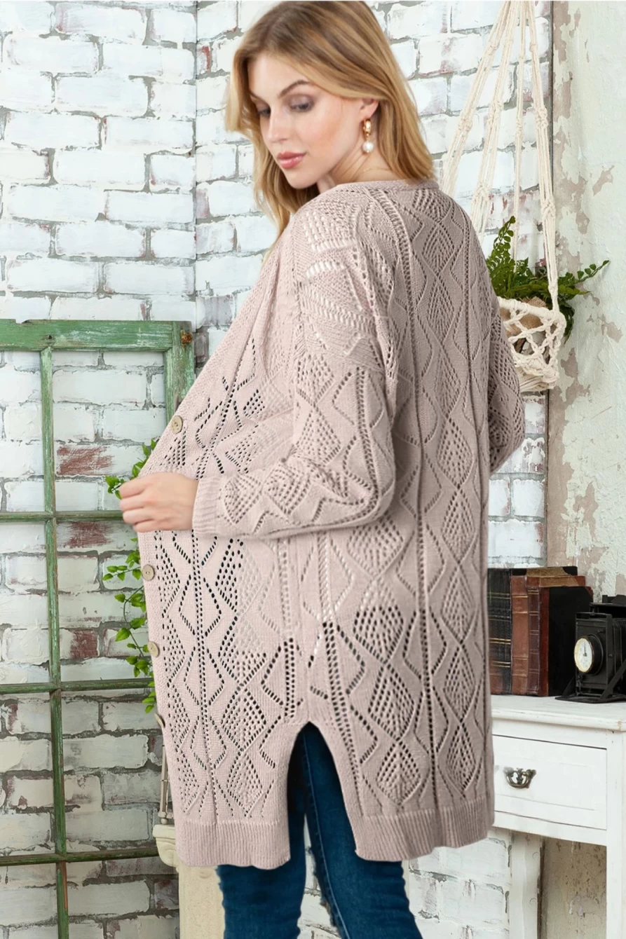 Shewin Women's Khaki Button Up Hollow Out Long Loose Cardigan