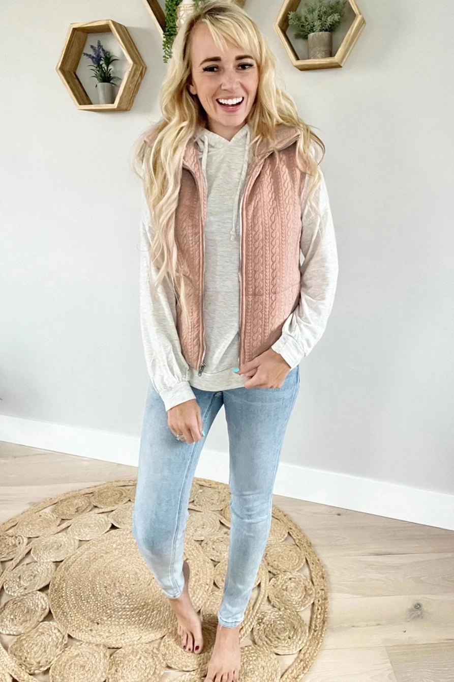 Shewin Women's Apricot Pink Textured Zip-Up Vest Jacket with Pockets