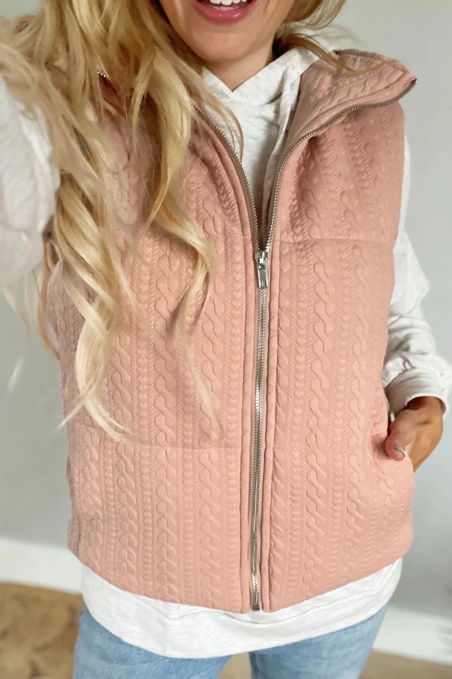 Shewin Women's Apricot Pink Textured Zip-Up Vest Jacket with Pockets