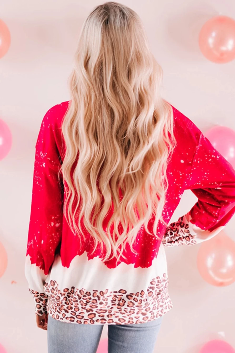 "SheWin Women's Red Leopard Print Valentine's Day Bleached Sweatshirt - Be Mine Graphic Pullover"