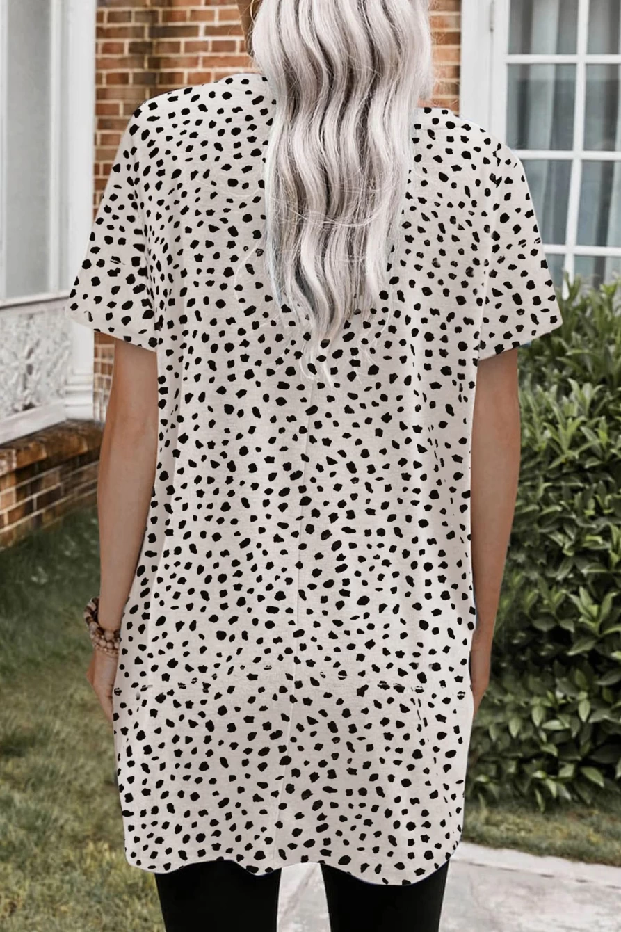 Shewin Women's Leopard Print Casual Tunic Top with Side Pockets Short Sleeve