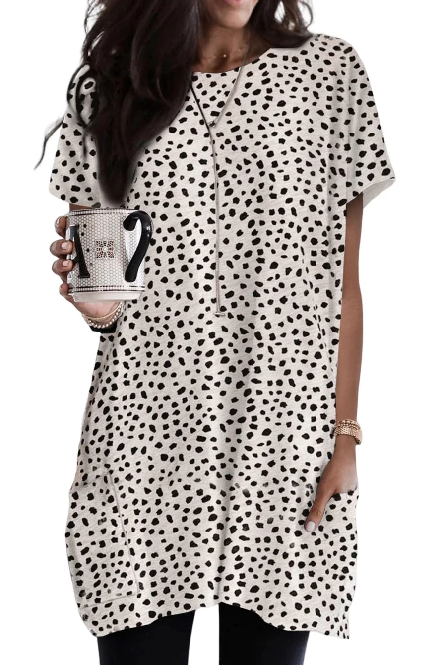 Shewin Women's Leopard Print Casual Tunic Top with Side Pockets Short Sleeve