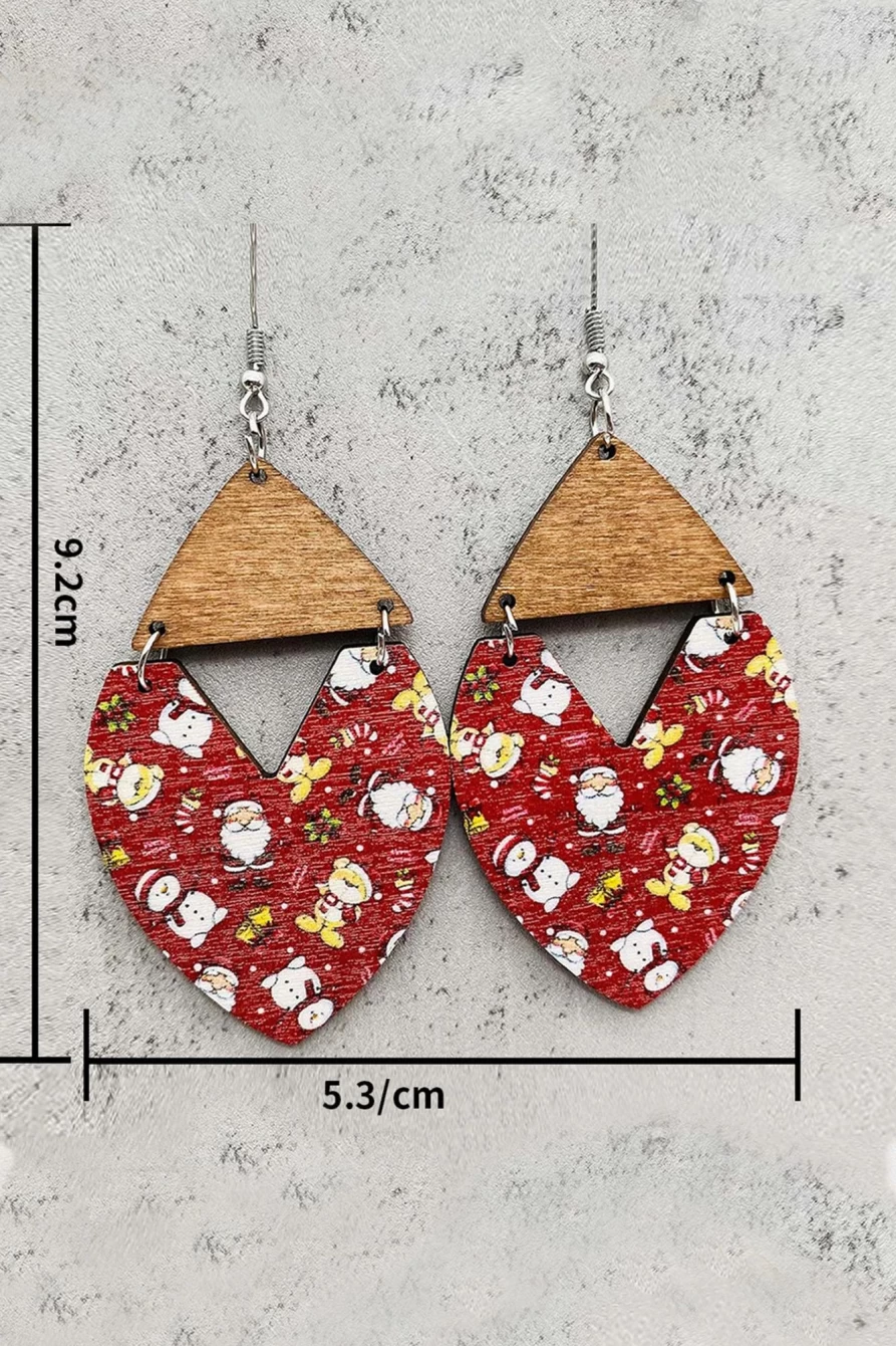 Shewin Women's Racing Red Santa Claus Print Wooden Hook Earrings for Christmas