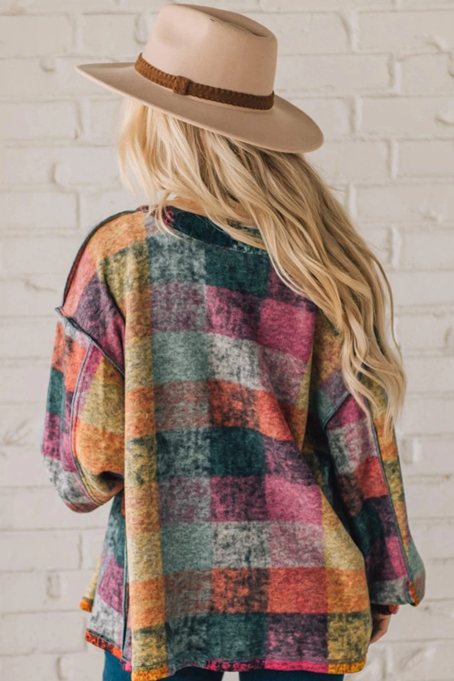Shewin Women's Multicolor Brushed Checked Tunic Shacket with Button Detail