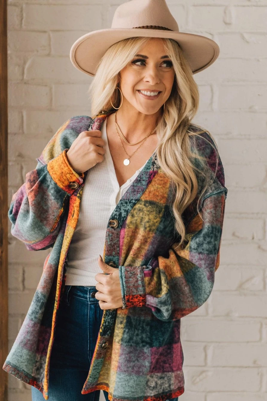 Shewin Women's Multicolor Brushed Checked Tunic Shacket with Button Detail
