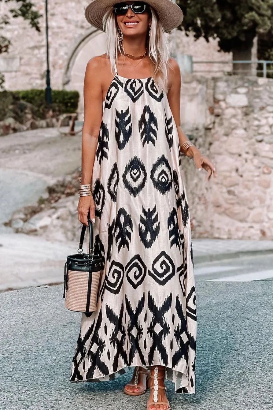 Shewin Women's Black Geometric Print Spaghetti Strap Summer Sundress for Vacation
