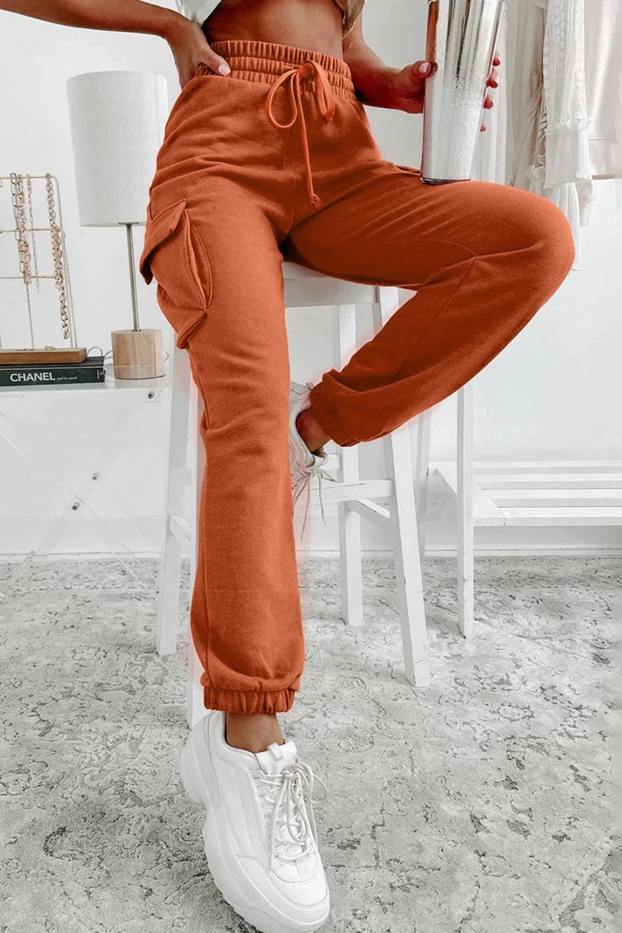 Women's Orange Drawstring Cargo Jogger Pants by Shewin - Stylish & Comfortable