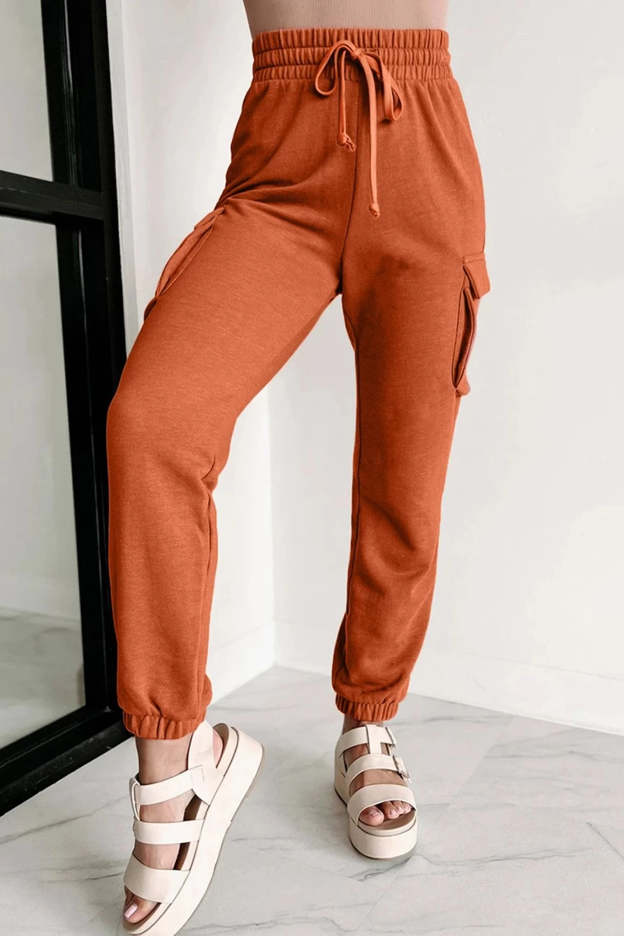 Women's Orange Drawstring Cargo Jogger Pants by Shewin - Stylish & Comfortable