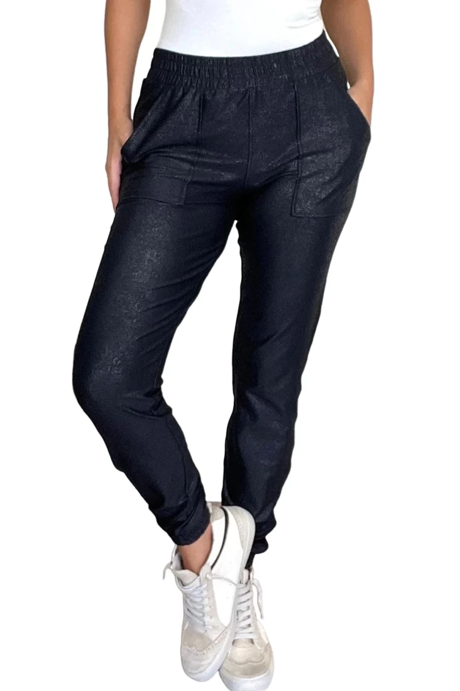 Shewin Women's Black Elastic Waist Joggers with Pockets - Comfortable Lounge Pants