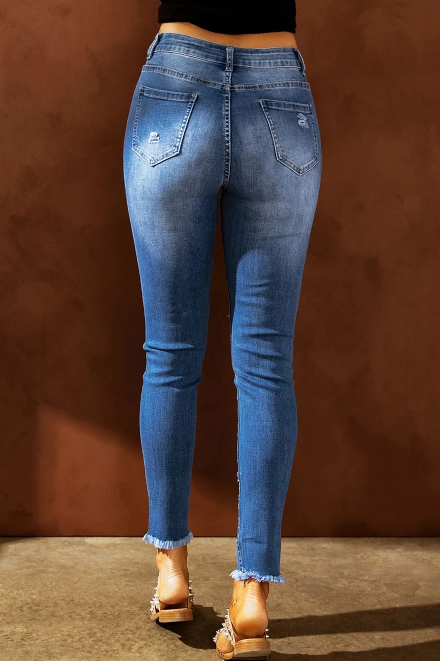 Shewin Women's Sky Blue High Waist Distressed Skinny Jeans - Light Blue Denim Pants