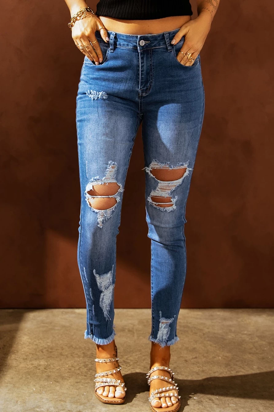 Shewin Women's Sky Blue High Waist Distressed Skinny Jeans - Light Blue Denim Pants