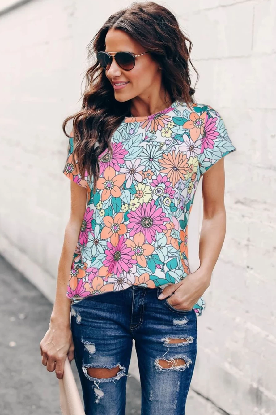 Shewin Women's Multicolor Floral Print Asymmetric Hem T-Shirt