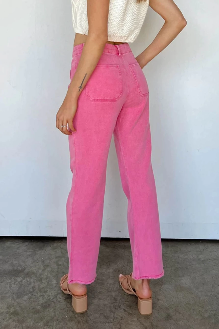 Shewin Women's Pink Raw Hem Light Wash Flare Mid Rise Pants