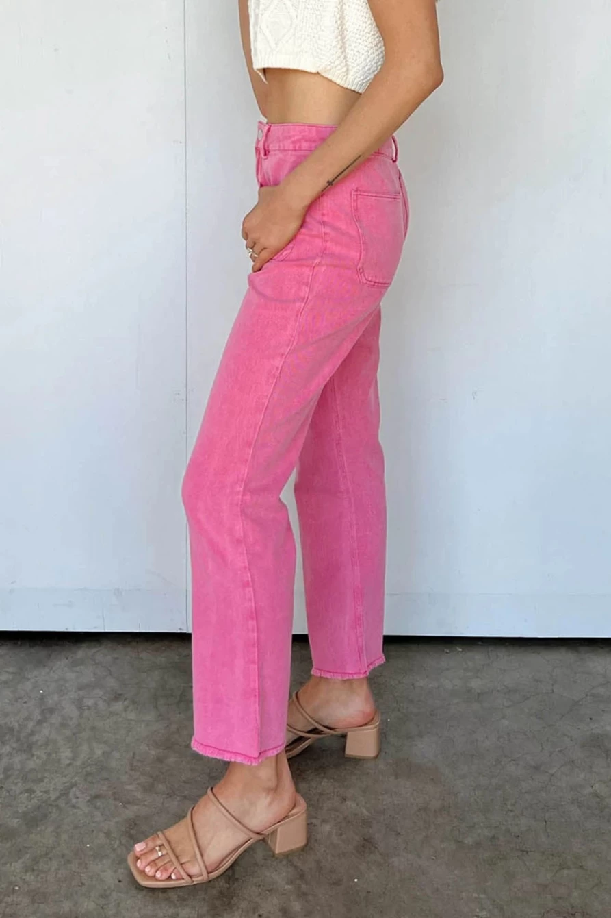 Shewin Women's Pink Raw Hem Light Wash Flare Mid Rise Pants