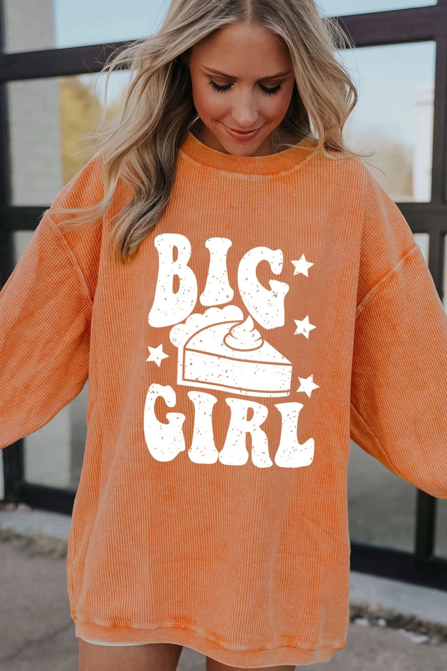 Shewin Women's Orange-3 Big Girl Graphic Pullover Sweatshirt - Soft Corded Crewneck Top
