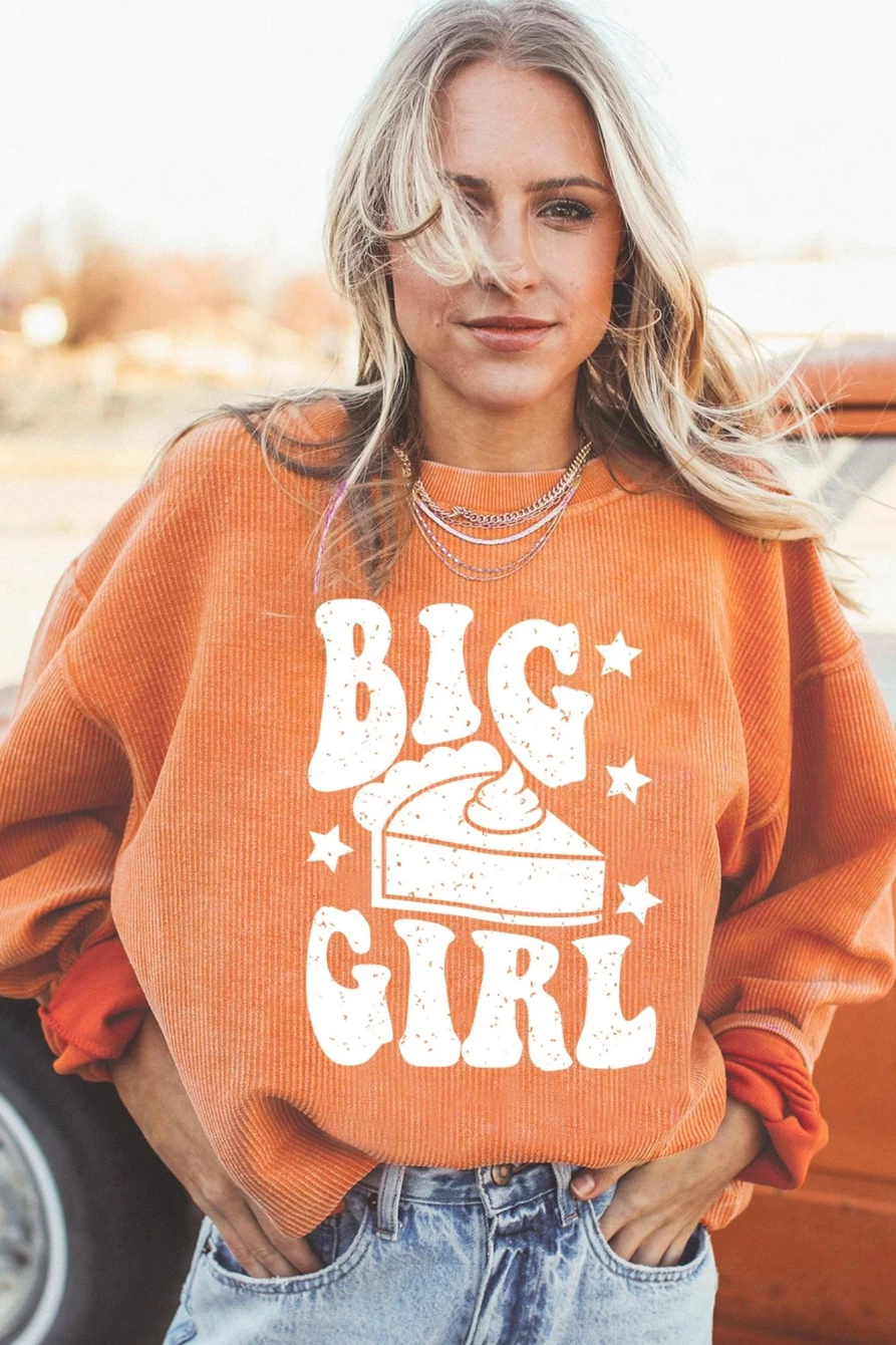 Shewin Women's Orange-3 Big Girl Graphic Pullover Sweatshirt - Soft Corded Crewneck Top
