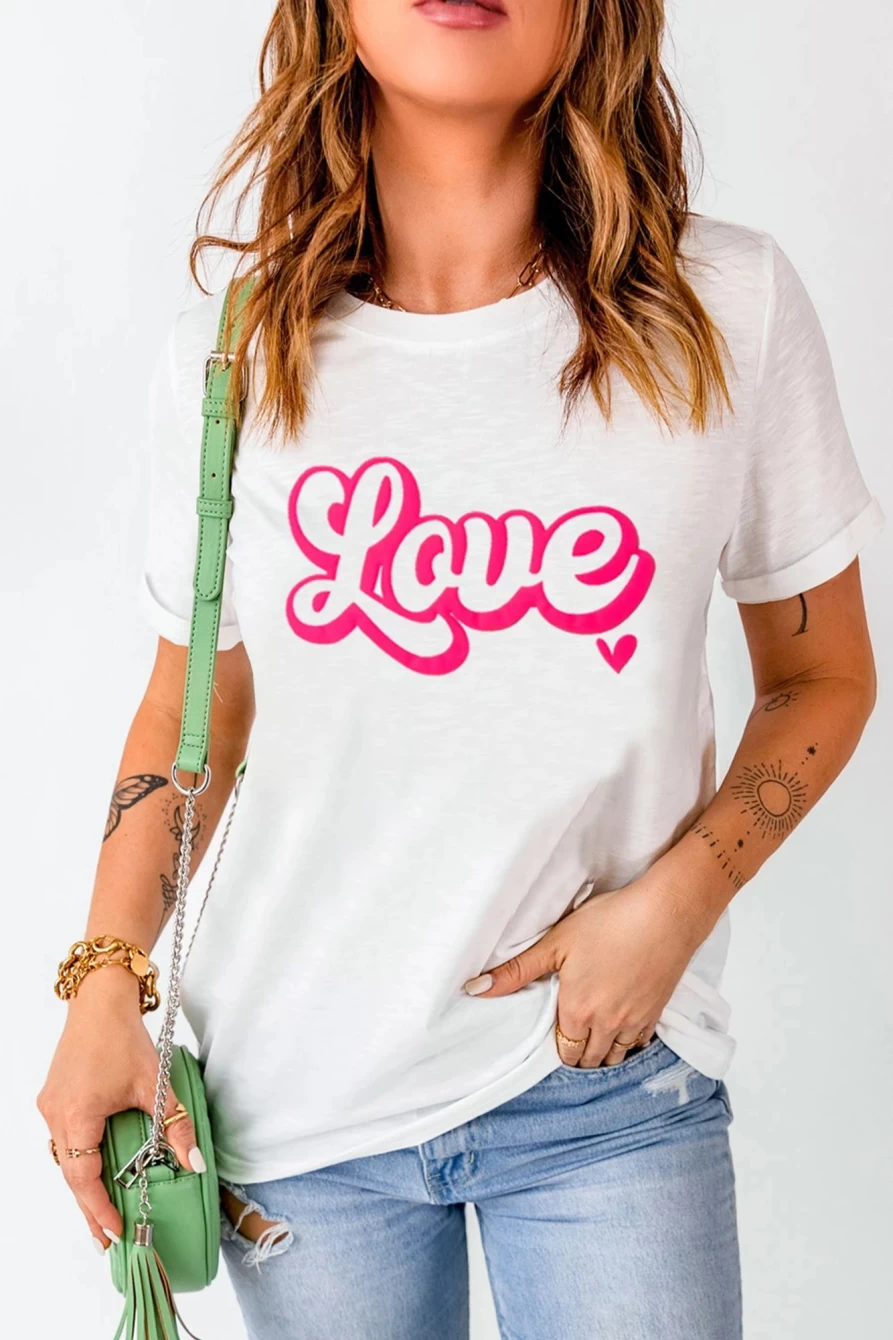 "SheWin Women's White Valentine's Day Love Letter Print Graphic Tee"