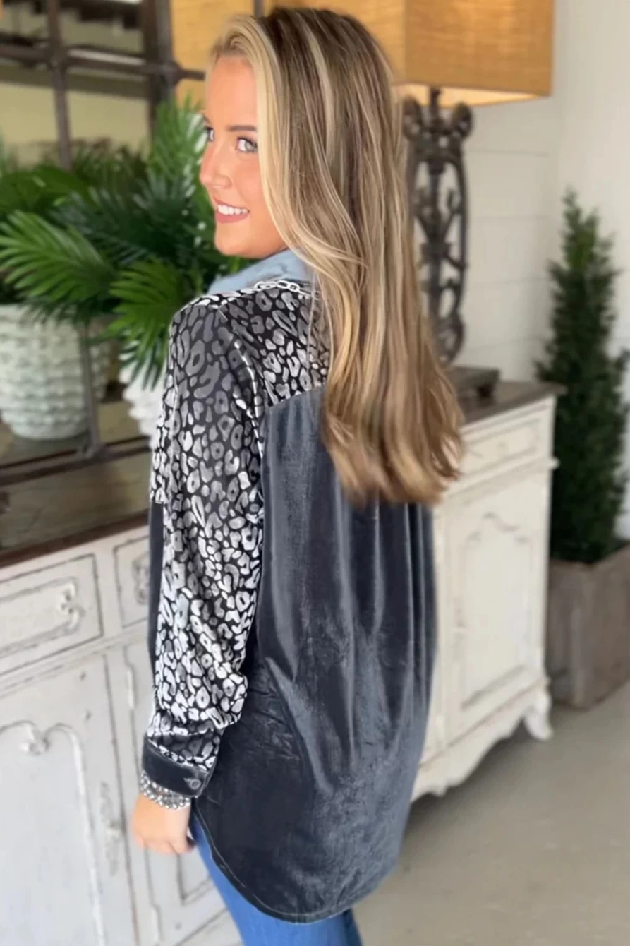 Shewin Women's Dark Grey Leopard Print Velvet Button Up Shirt