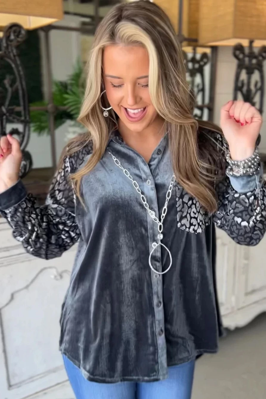 Shewin Women's Dark Grey Leopard Print Velvet Button Up Shirt