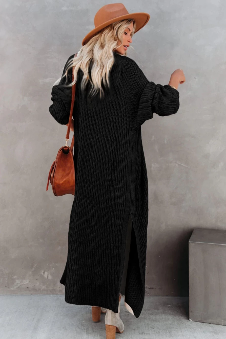 "Women's Black Cable Knit Open Front Duster Cardigan with Side Slits - Shewin"