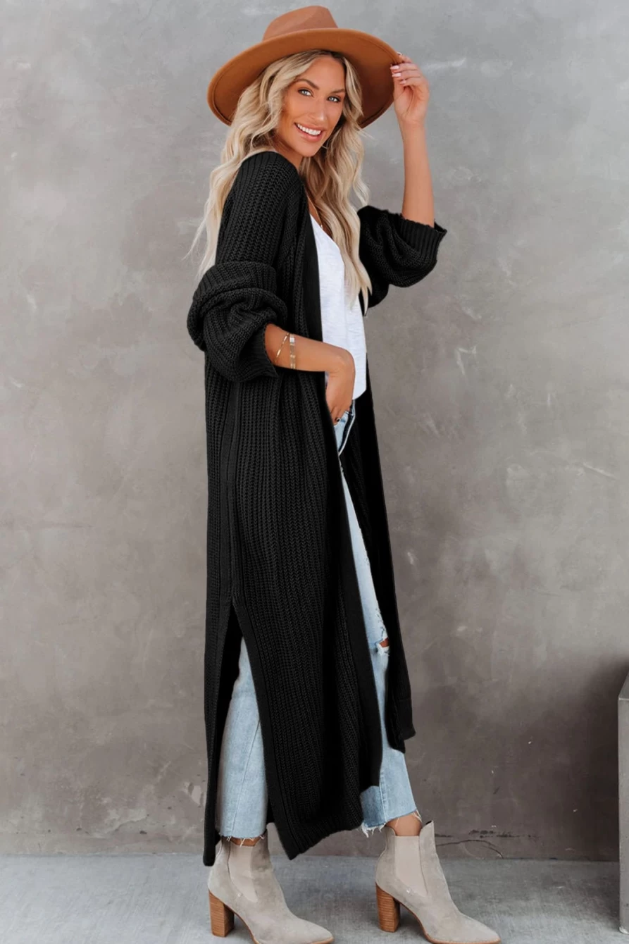 "Women's Black Cable Knit Open Front Duster Cardigan with Side Slits - Shewin"