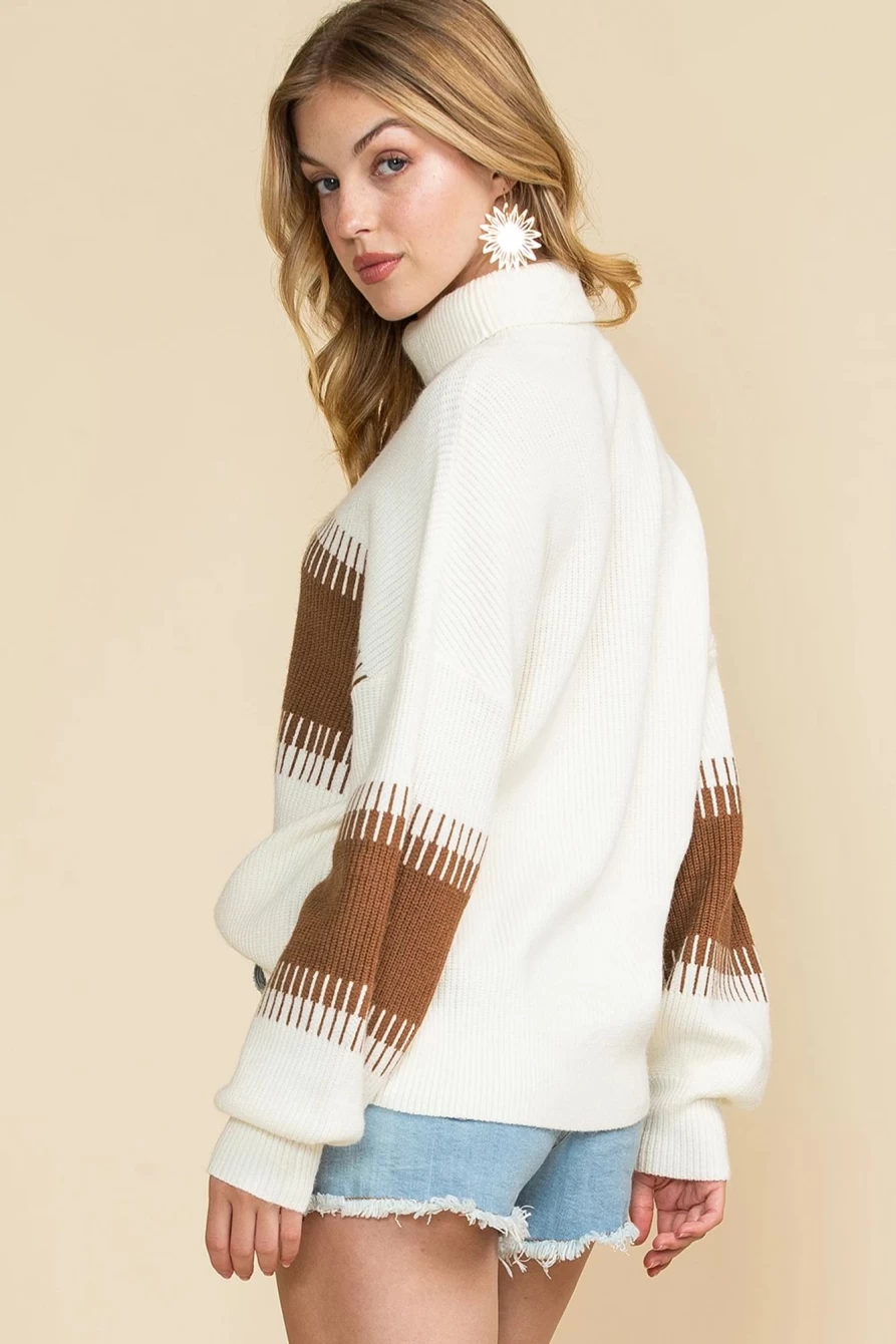 Shewin Women's White Ribbed High Neck Bishop Sleeve Sweater