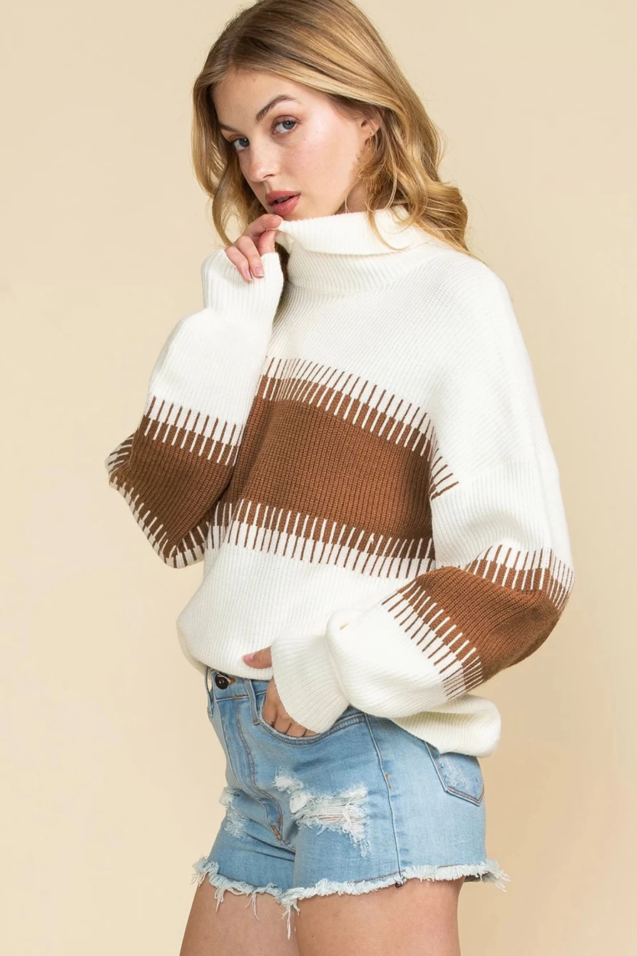 Shewin Women's White Ribbed High Neck Bishop Sleeve Sweater