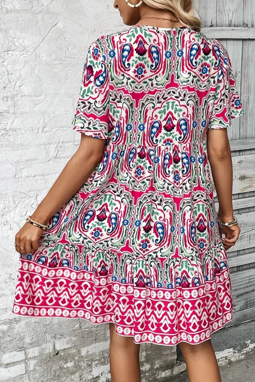 Shewin Women's Pink Bohemian Mini Dress with Tie Neck, Flounce Sleeves & Ruffle Hem