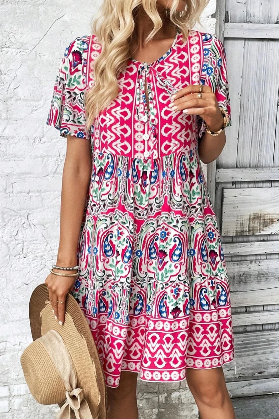 Shewin Women's Pink Bohemian Mini Dress with Tie Neck, Flounce Sleeves & Ruffle Hem