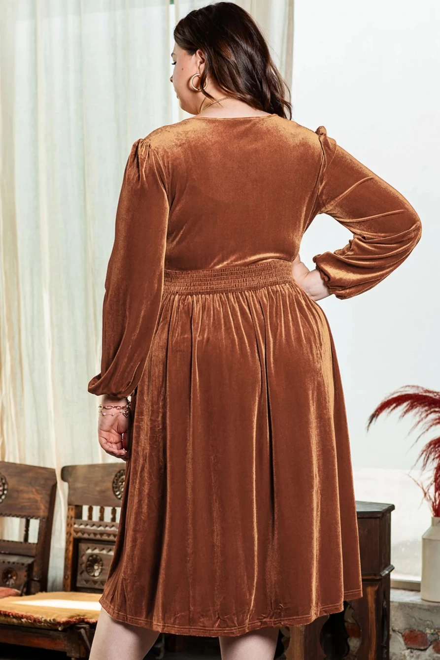 Shewin Women's Camel Velvet Surplice V-Neck Balloon Sleeve Midi Dress
