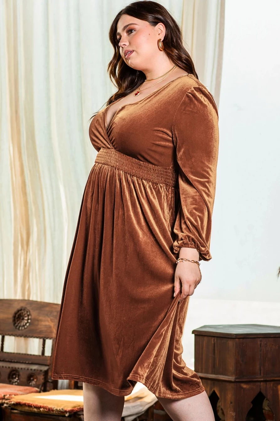 Shewin Women's Camel Velvet Surplice V-Neck Balloon Sleeve Midi Dress