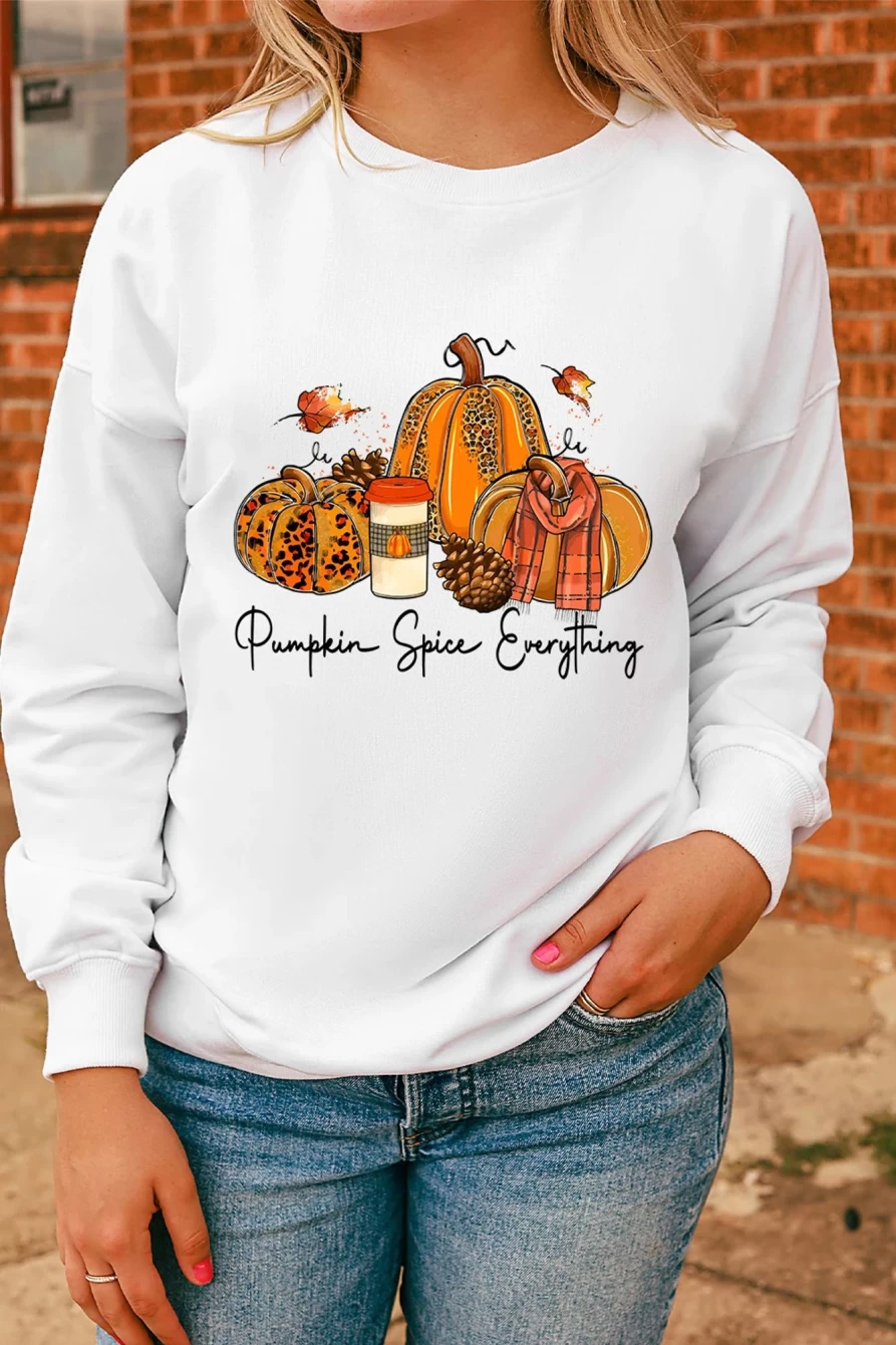 Shewin Women's Beige Pumpkin Spice Graphic Pullover Sweatshirt Cozy Fall Fashion