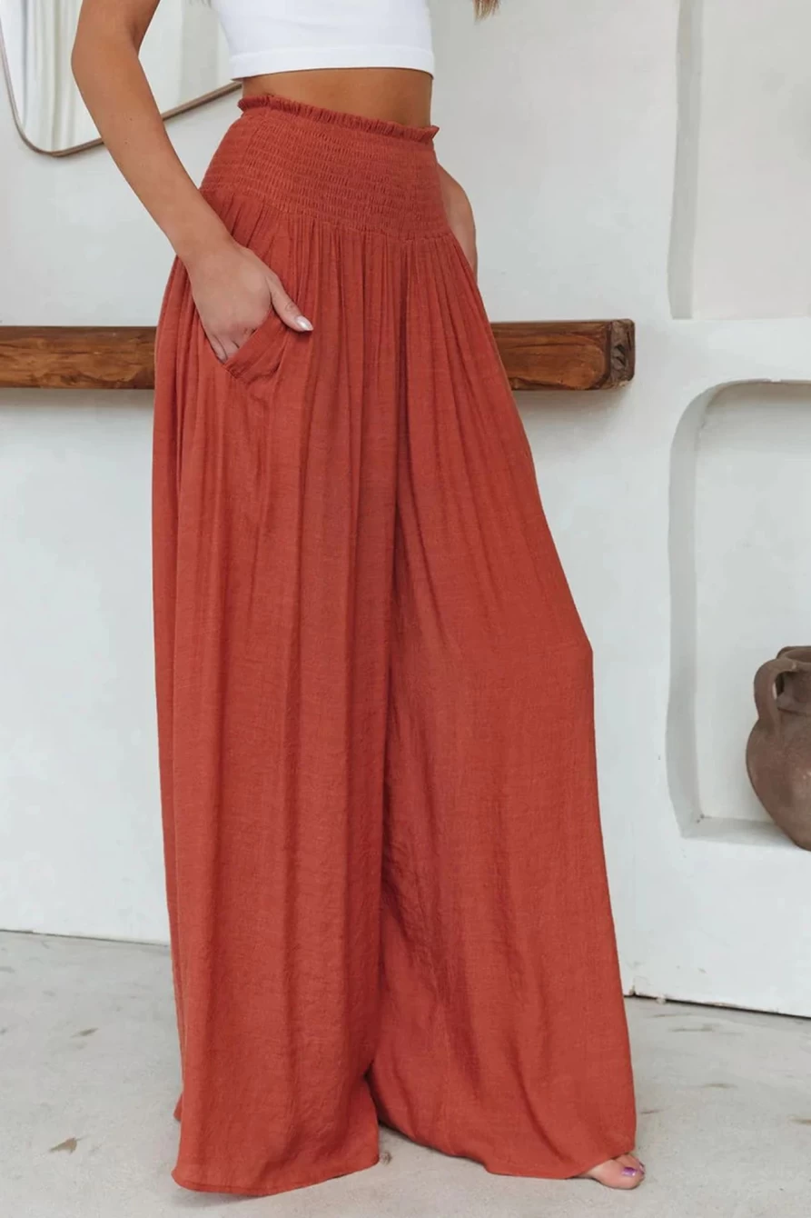 "SheWin Women's Red High Waisted Beach Pants with Smocked Pockets - Summer Casual Boho Style"